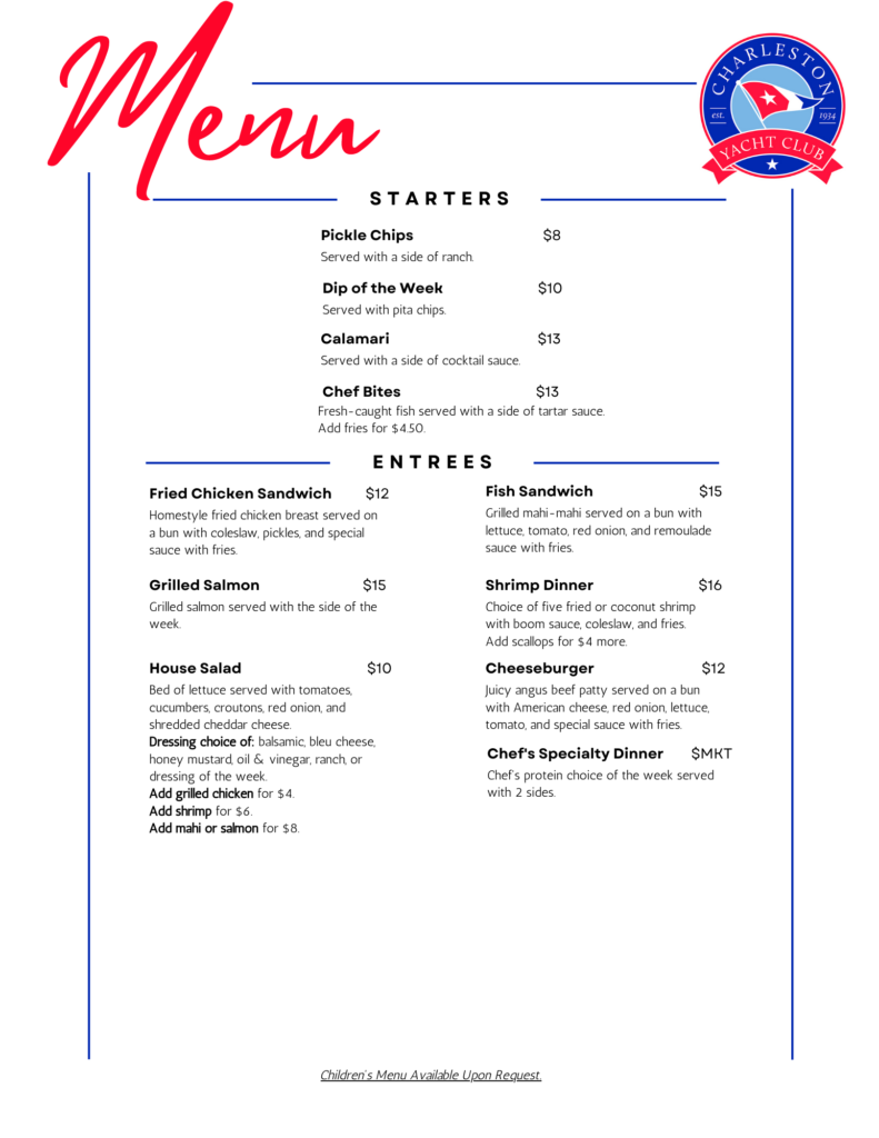 carolina yacht club charleston menu