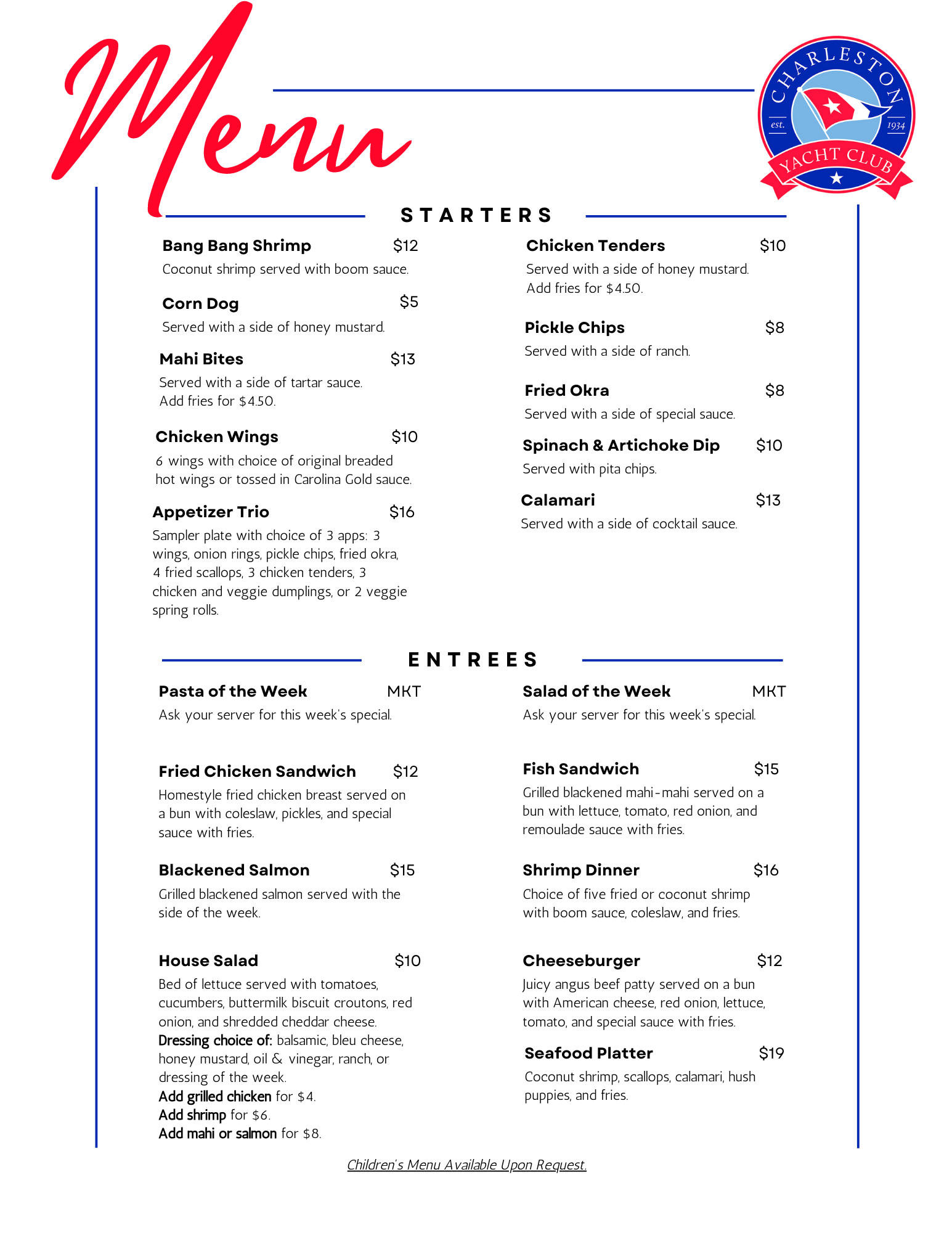 carolina yacht club charleston menu