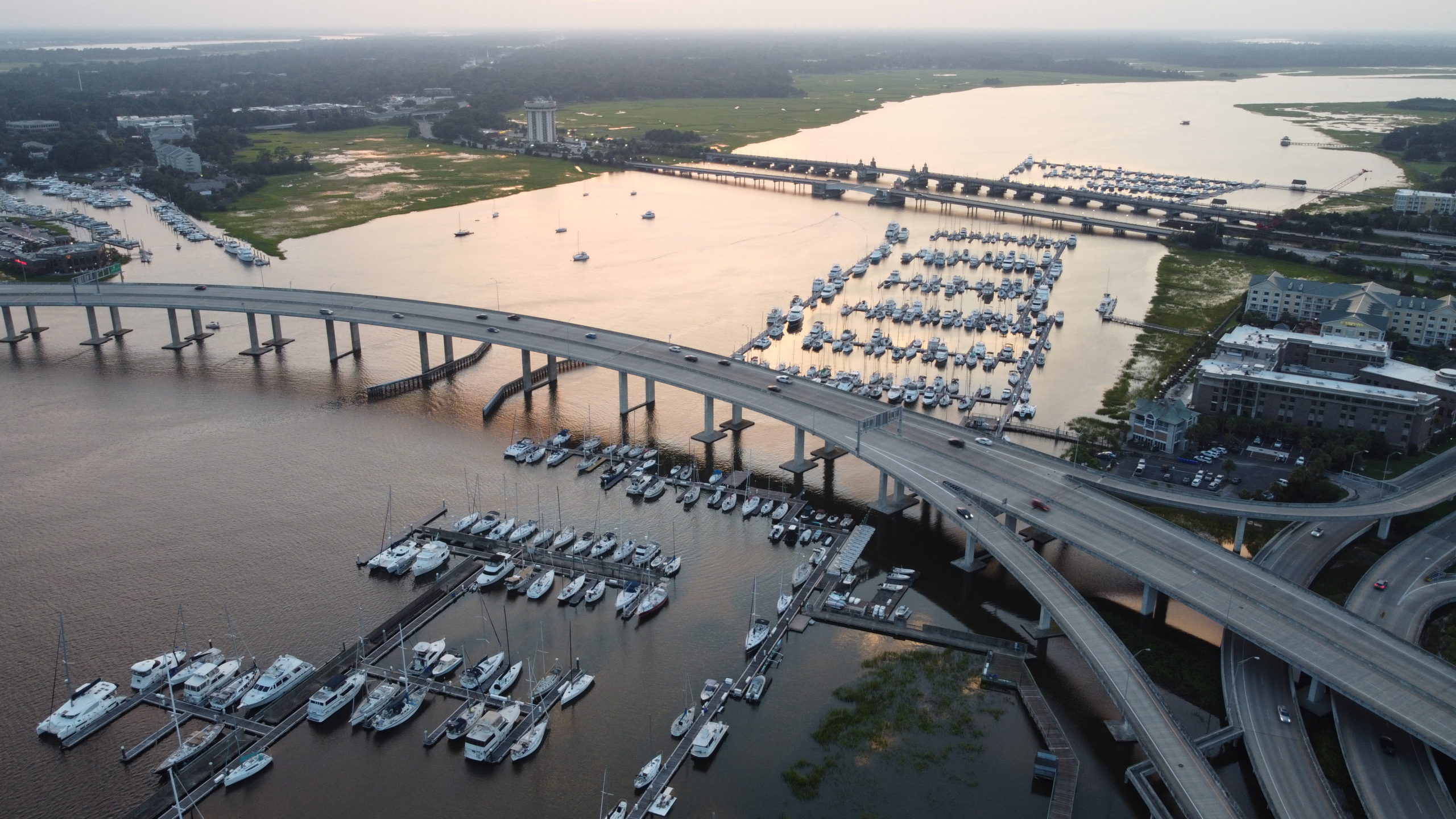 Drone view of Ashley River from the Charleston Yacht club